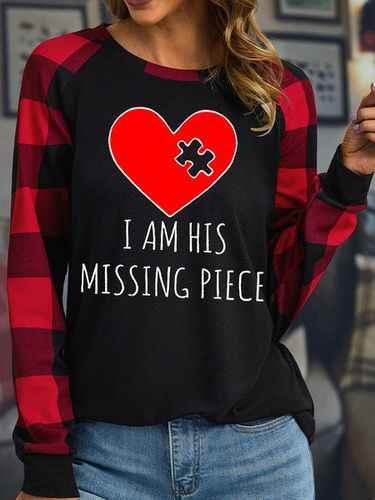 Women's I Am His Missing Piece Funny Valentine's Day Gift Couple Buffalo Plaid Graphic Print Loose Crew Neck Top - Just Fashion Now - Modalova