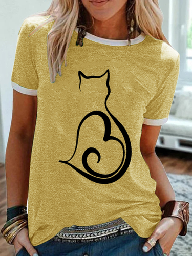 Women's Lover Cat Heart Crew Neck Simple T-Shirt - Just Fashion Now - Modalova