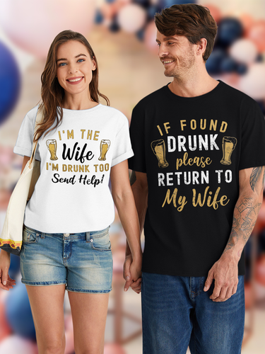 Women's I Am The Wife I Am Drunk Too Send Help Funny Graphic Print Valentine's Day Gift Couple Loose Cotton Crew Neck Casual T-Shirt - Just Fashion Now - Modalova