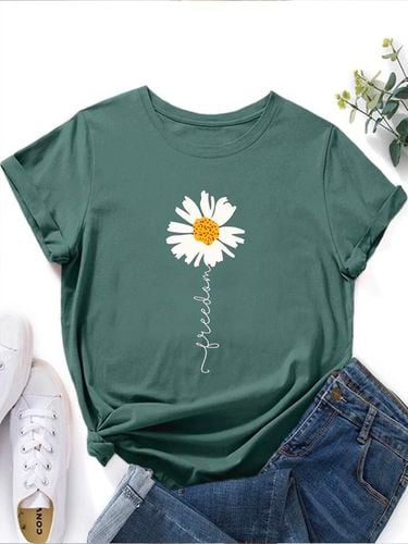 Crew Neck Floral Vacation Loose Floral & Letter Graphic T-Shirt - Just Fashion Now - Modalova