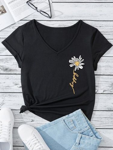 V Neck Daisy Letter & Floral Print Casual T-Shirt - Just Fashion Now - Modalova