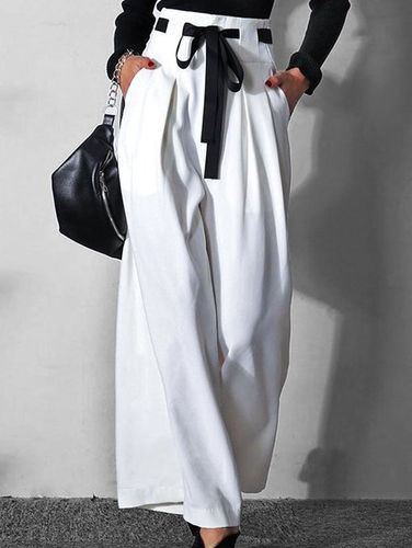 Casual Elegant Belt Contrasting Color Decoration Diagonal Pocket Casual Wide-leg Pants - Modetalente - Modalova