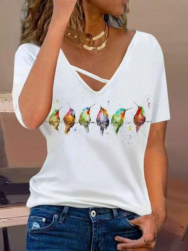 Bird Printed Casual Jersey V-neck T-Shirt - Modetalente - Modalova