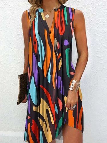 Casual Abstract Sleeveless Stand Collar Tunic Dress - Modetalente - Modalova
