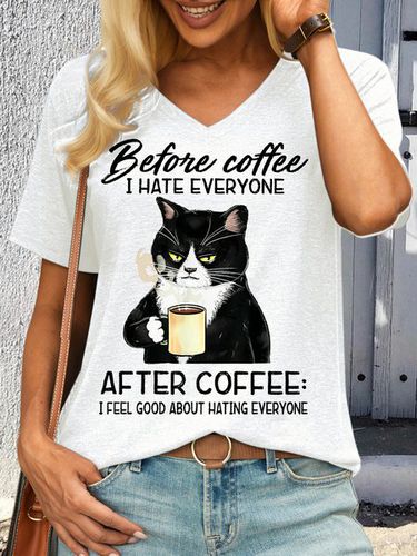 Women's Before Coffee I Hate Everyone After Coffee Black Cat Drink Letters Casual T-Shirt - Modetalente - Modalova