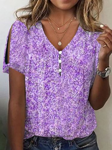 V Neck Floral Buttoned Elegant T-Shirt - Just Fashion Now - Modalova