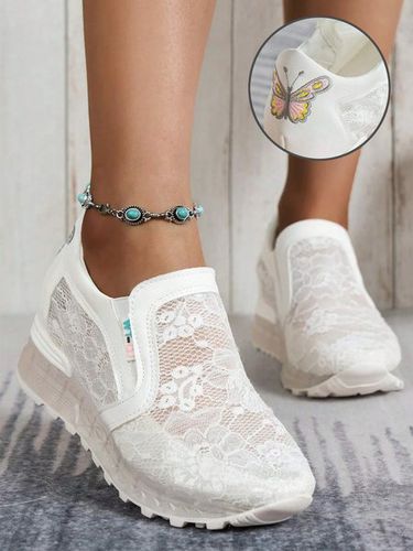 Breathable Floral Lace Wedge Heel Casual Slip On Shoes - Just Fashion Now UK - Modalova