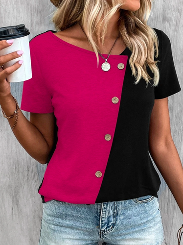 Casual V Neck Two Tone Button Front Color Block T-Shirt - Just Fashion Now - Modalova
