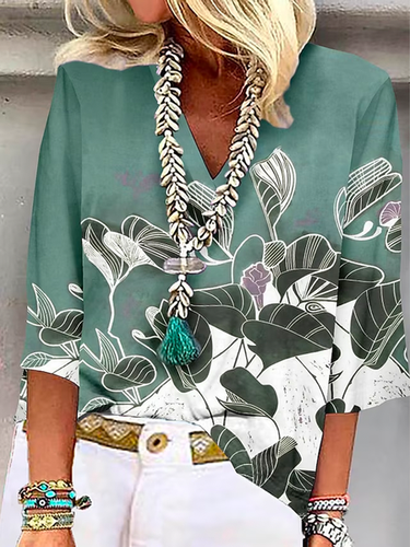 Floral Casual V Neck Shirt - Just Fashion Now - Modalova