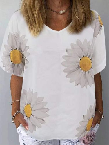 Woman casual Printing Linen Sunflower V Neck T-Shirt - Just Fashion Now - Modalova