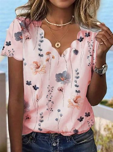 Summer Dessert Shell Neck Floral Design T-Shirt - Modetalente - Modalova