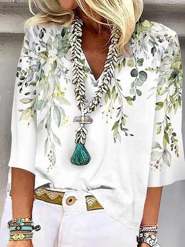 Casual Loose Floral V Neck Shirt - Just Fashion Now - Modalova