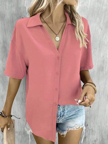 Casual Loose Shirt Collar Plain Blouse - Just Fashion Now - Modalova