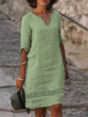 Plain Notched Linen Loose Dress - Just Fashion Now - Modalova