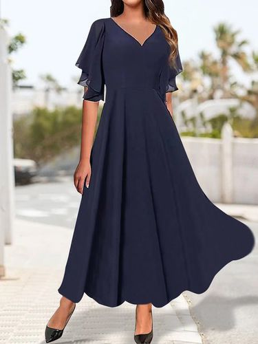 V Neck Regular Fit Ruffled Sleeves Elegant Plain Dress - Just Fashion Now - Modalova