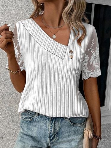 Casual Plain Loose Asymmetrical Neck Lace Shirt - Just Fashion Now - Modalova