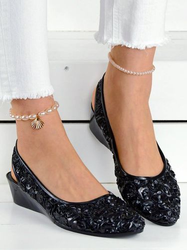 Waterproof Floral Wedge Heel Slingback Shallow Shoes - Just Fashion Now - Modalova