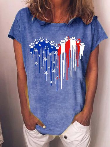 Women's Independence Day Love Dog Paws Blue White Red Graphic Printing 4th Of July Cotton-Blend Casual Loose T-Shirt - Just Fashion Now - Modalova