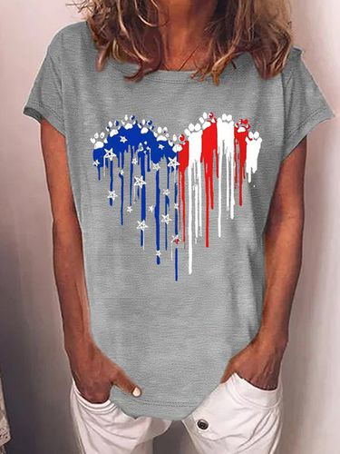 Women's Independence Day Love Dog Paws Blue White Red Graphic Printing 4th Of July Cotton-Blend Casual Loose T-Shirt - Just Fashion Now - Modalova