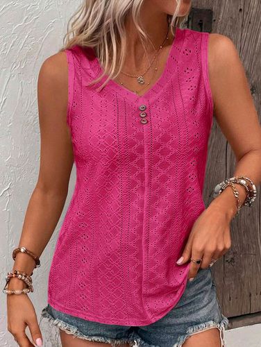 Loose V Neck Casual Buttoned Eyelet Embroidery Front Tank Top - Just Fashion Now - Modalova