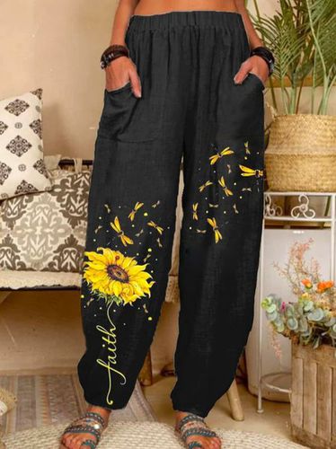 Cotton Floral Vacation Sunflower Art Print Lounge Pants - Just Fashion Now - Modalova