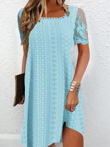 Lace Short Sleeve Jacquard Plain Square Neck Casual Tunic Dress - Modetalente - Modalova