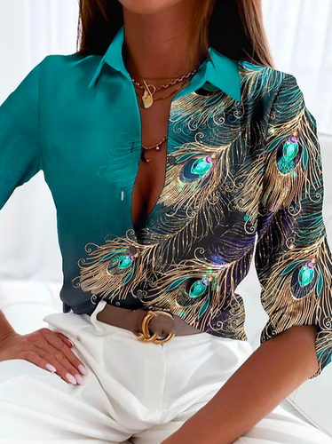 Casual Shirt Collar Feather Pattern Blouse - Modetalente - Modalova