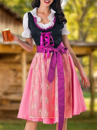 Oktoberfest Bavarian Traditional Beer Short Sleeve Dress Lace-up With Belt - Modetalente - Modalova
