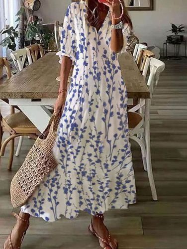 V Neck Loose Blue Floral Casual Dress - Modetalente - Modalova
