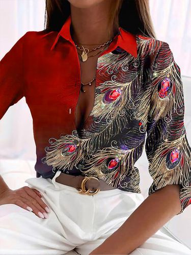 Casual Shirt Collar Feather Pattern Blouse - Just Fashion Now - Modalova