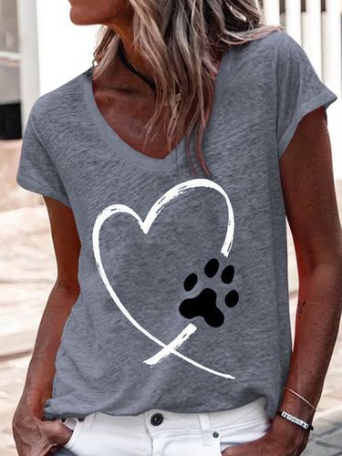 Women's Heart Dog Paw Print Casual V Neck T-Shirt - Just Fashion Now - Modalova