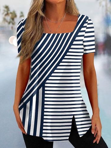 Striped Casual Square Neck Loose T-Shirt - Just Fashion Now - Modalova