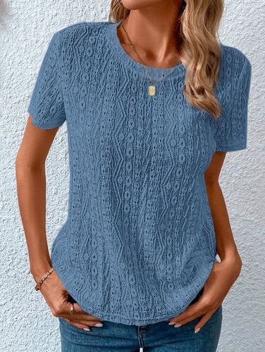 Loose Casual Crew Neck Solid Eyelet Embroidery Round Neck Tee - Just Fashion Now - Modalova