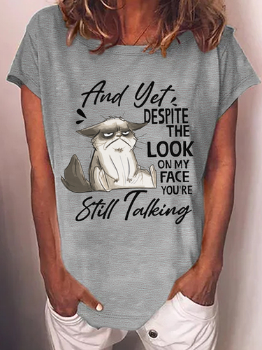 Women's Stil Talking A Cat Crew Neck Casual T-Shirt - Modetalente - Modalova