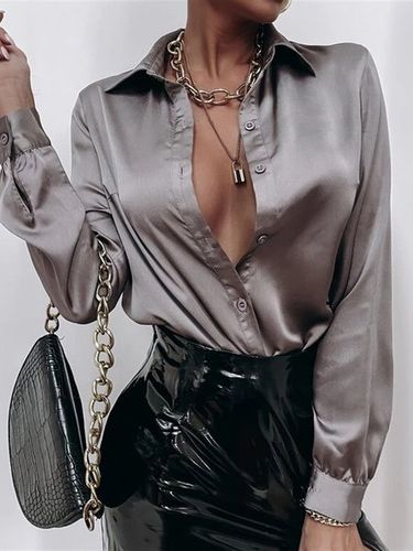 Shirt Collar Plain Loose Casual Blouse - Modetalente - Modalova