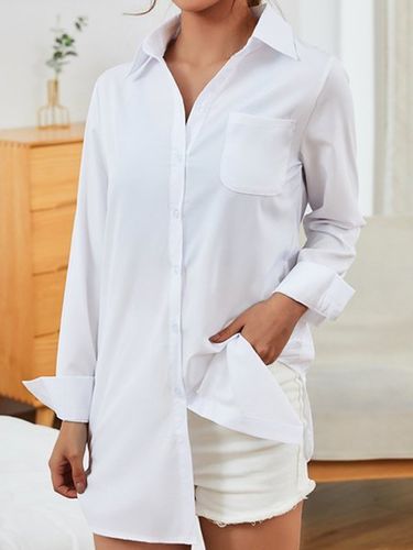 Plain Buckle Pocket Long Sleeve Casual Tunic Blouse - Modetalente - Modalova