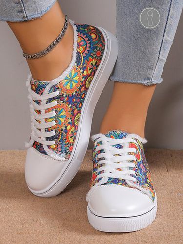 Multicolor Ethnic Pattern Fringe Lace-Up Canvas Shoes - Just Fashion Now - Modalova