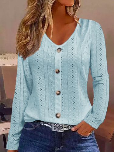 Buttoned Plain Casual Eyelet Embroidery Shirt - Just Fashion Now - Modalova
