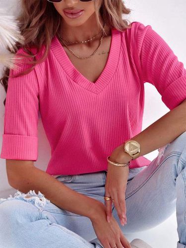 Women's Half Sleeve T-shirt Summer Plain Ribbed V Neck Going Out Casual Top Deep Pink - Just Fashion Now - Modalova