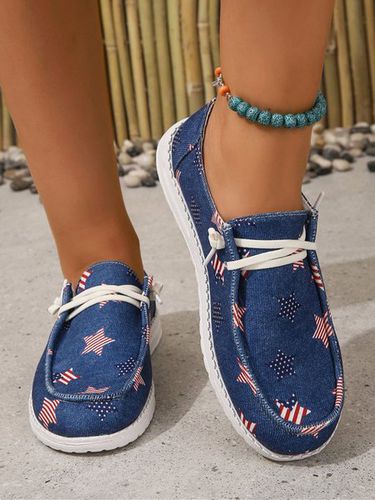 Independence Day Denim Blue Flag Stars Graphic Casual Boat Shoes Flats - Just Fashion Now UK - Modalova