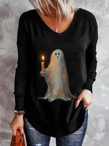 Loose V Neck Halloween Casual T-Shirt - Just Fashion Now - Modalova