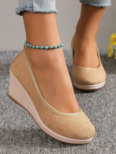 Women Minimalist Linen Fabric Wedge Heel Shallow Shoes - Just Fashion Now - Modalova