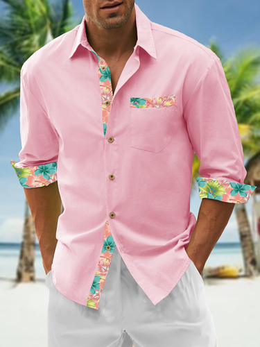 Cotton Paneling Floral Chest Pocket Long Sleeve Shirt - Modetalente - Modalova