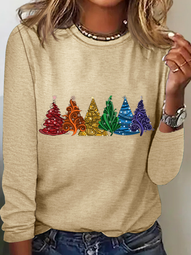 Women's Christmas Tree Cotton-Blend Crew Neck Casual Long Sleeve Shirt - Modetalente - Modalova