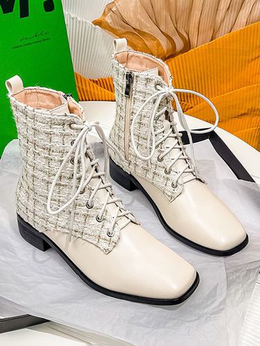 Women Tweed Plaid Fashion Square Toe Boots - Modetalente - Modalova
