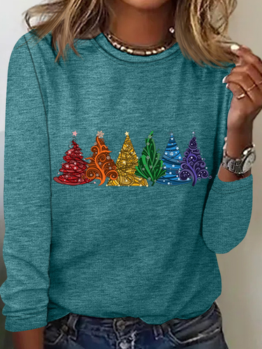 Women's Christmas Tree Cotton-Blend Crew Neck Casual Long Sleeve Shirt - Modetalente - Modalova