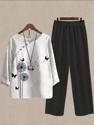 Dandelion Casual Crew Neck Cotton And Linen Two-Piece Set - Just Fashion Now - Modalova