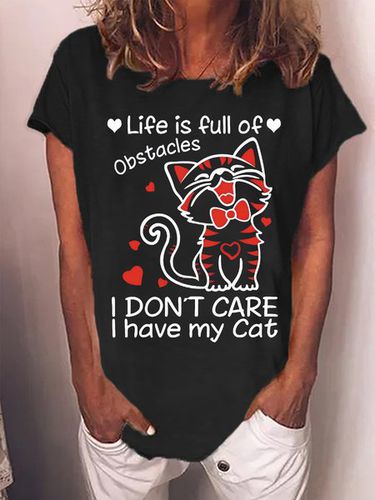 Women's Life Is Full Of Obatacles I Don'T Care I Have My Cat Funny Graphic Printing Cat Crew Neck Casual Cotton T-Shirt - Just Fashion Now - Modalova