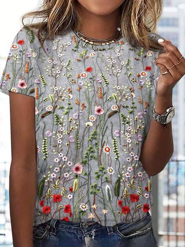 Jersey Floral Printed Casual Crew Neck T-Shirt - Modetalente - Modalova