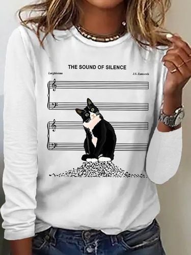 Women's The Sound Of Silence Funny Cute Cat Musical Staff Graphic Printing Casual Regular Fit Cat Crew Neck Shirt - Just Fashion Now - Modalova